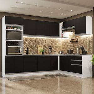 Cozinha Completa de Canto Madesa Glamy 479001 com Armário e Balcão (Sem Tampo e Pia) - Branco/Preto