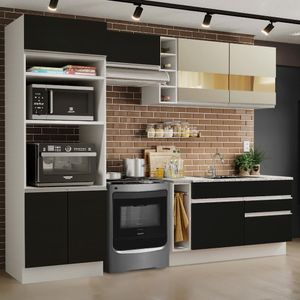 Cozinha Completa Madesa Jade com Armário e Balcão (Sem Tampo e Pia) - Branco/Preto/Crema
