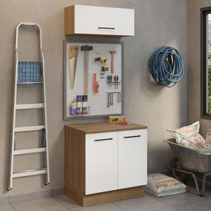 Kit com Balcão e Armário Aéreo Multiuso 80cm Rustic/Branco Agata Madesa