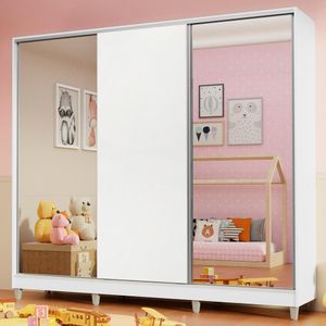 Guarda Roupa Infantil 100% MDF Madesa Logan 3 Portas de Correr com Espelhos com Pés - Branco