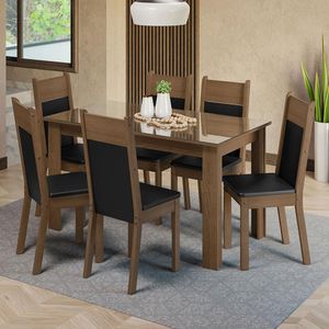 Conjunto Sala de Jantar Mesa Tampo de Vidro 6 Cadeiras Rustic/Preto Dora Madesa