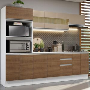 Cozinha Completa 100% MDF Madesa Smart 250 cm Com Balcão e Tampo - Branco/Rustic/Crema