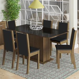 Conjunto Sala de Jantar Madesa Moscou Plus Mesa Tampo de Vidro 6 Cadeiras - Rustic/Preto/SintPreto