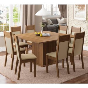 Conjunto Sala de Jantar Madesa Panamá Mesa Tampo de Madeira 8 Cadeiras - Rustic/Crema/Sintético Bege