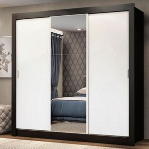 Guarda Roupa Casal Madesa Mônaco 3 Portas de Correr com Espelho - Preto/Branco
