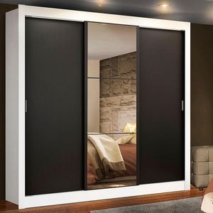 Guarda Roupa Casal Madesa Lyon 3 Portas de Correr com Espelho 2 Gavetas - Branco/Preto