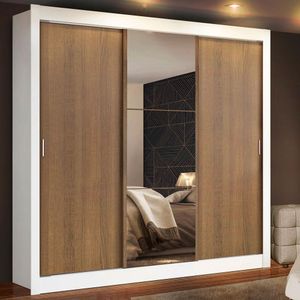 Guarda Roupa Casal Madesa Mônaco 3 Portas de Correr com Espelho - Branco/Rustic