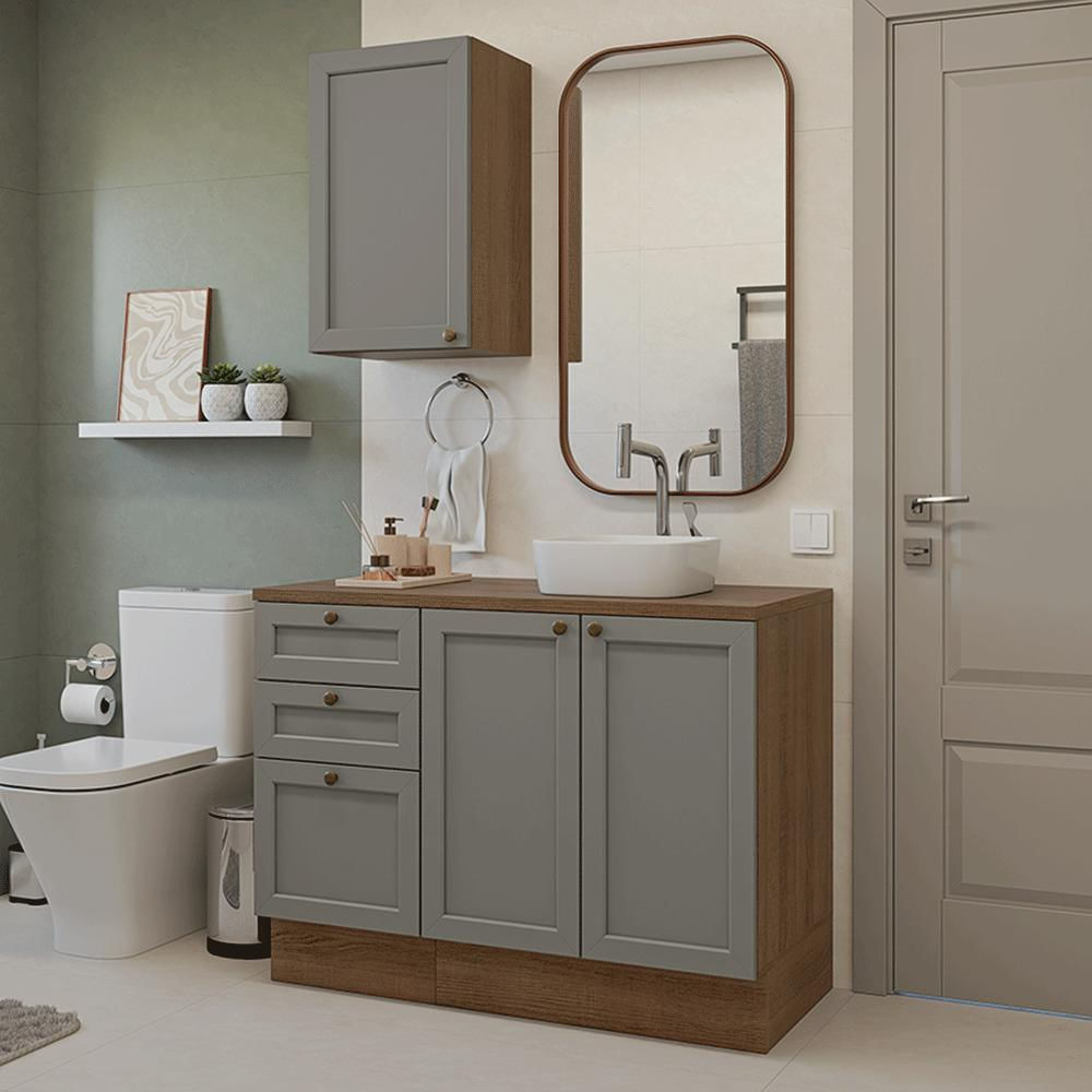 Conjunto Gabinete para Banheiro 110cm 3 Gavetas 3 Portas Rustic