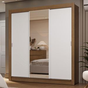 Guarda-Roupa Casal 3 Portas de Correr com Espelho 2 Gavetas Rustic/Branco Sublime Madesa