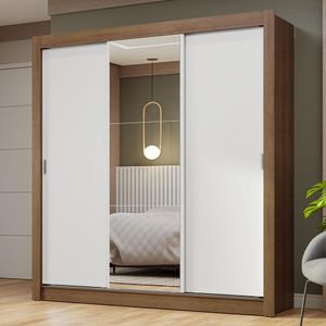 Guarda-Roupa Casal 3 Portas de Correr com Espelho Rustic/Branco Nobre Madesa