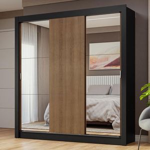 Guarda-Roupa Casal 3 Portas de Correr com Espelhos Preto/Rustic Nobre Madesa
