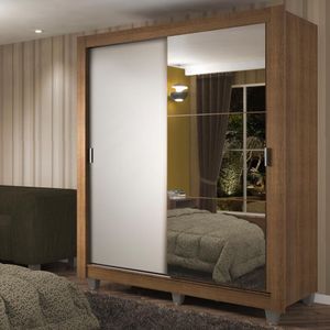 Guarda-Roupa Solteiro Madesa Dallas Plus 2 Portas de Correr Espelho, 4 Gavetas e Pés - Rustic/Branco