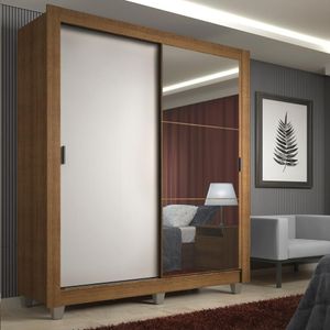 Guarda-Roupa Solteiro Madesa Denver 2 Portas de Correr com Espelho com Pés - Rustic/Branco