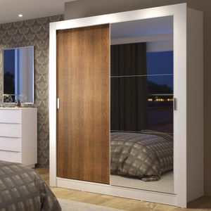 Guarda-Roupa Solteiro Madesa Dallas Plus 2 Portas de Correr com Espelho 4 Gavetas - Branco/Rustic