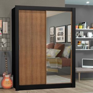 Guarda-Roupa Solteiro Madesa Denver 2 Portas de Correr com Espelho - Preto/Rustic