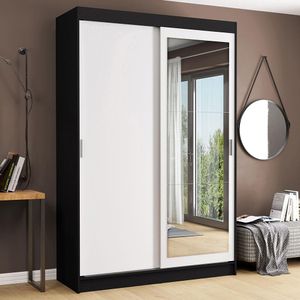Guarda-Roupa Solteiro Madesa Tokio 2 Portas de Correr com Espelho 2 Gavetas - Preto/Branco