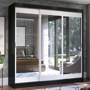 Guarda-Roupa Casal Madesa Istambul 3 Portas de Correr de Espelho 3 Gavetas - Preto/Branco