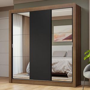Guarda-Roupa Casal 3 Portas de Correr com Espelhos Rustic/Preto Nobre Madesa