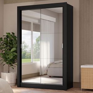 Guarda-Roupa Solteiro 2 Portas de Correr com Espelhos 4 Gavetas Preto Vivare Plus Madesa