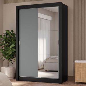 Guarda-Roupa Solteiro 2 Portas de Correr com Espelho 4 Gavetas Preto/Cinza Vivare Plus Madesa