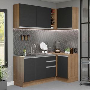 Cozinha Compacta de Canto Madesa Glamy 269001 com Armário e Balcão (Sem Tampo e Pia) - Rustic/Preto