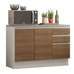 Balcão de Pia Armário de Cozinha 120 cm 2 Portas e 3 Gavetas (Com Tampo) Branco/Rustic Glamy Madesa
