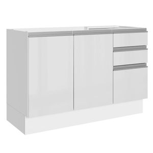 Balcão Gabinete de Pia Madesa Acordes 100% MDF 120 cm 3 Portas e 2 Gavetas - Portas Branco Brilho