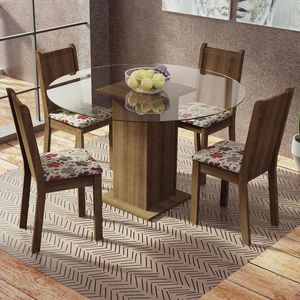 Conjunto Sala de Jantar Madesa Paula Mesa Tampo de Vidro Redondo 4 Cadeiras - Rustic/Hibiscos