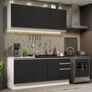 Cozinha Compacta Madesa Glamy 180005 com Armário e Balcão (Sem Tampo e Pia) - Branco/Preto