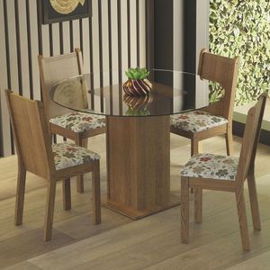 Conjunto Sala de Jantar Madesa Débora Mesa Tampo de Vidro Redondo 4 Cadeiras - Rustic/Hibiscos