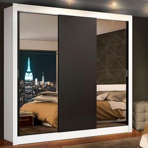 Guarda Roupa Casal Madesa Mônaco 3 Portas de Correr com Espelhos - Branco/Preto