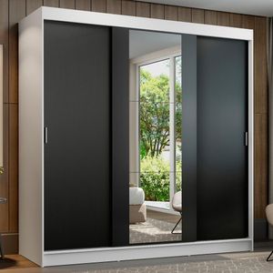 Guarda-Roupa Casal Madesa Reno 3 Portas de Correr com Espelho - Branco/Preto