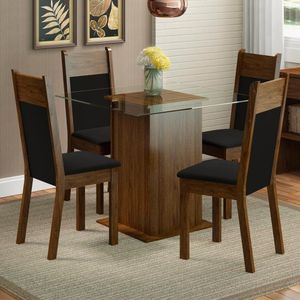 Conjunto Sala de Jantar Madesa Anita Mesa Tampo de Vidro 4 Cadeiras - Rustic/Preto/Sintético Preto