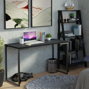 Conjunto Escritório Home Office com Mesa Industrial + Estante Escada Preto Madesa