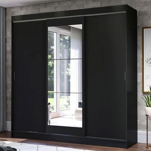 Guarda-Roupa Casal Madesa Istambul 3 Portas de Correr com Espelho 3 Gavetas - Preto