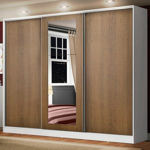 Guarda Roupa Casal 100% MDF Madesa Eros 3 Portas de Correr com Espelho - Branco/Rustic