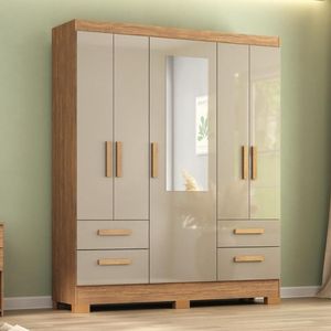 Guarda Roupa Vitória 5 Portas 4 Gavetas com Pés e Espelhos Atualle Acácia Madeirado / Reflecta Brilho