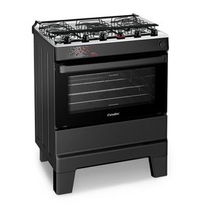 Fogão A Gás Mesa Inox Tampa De Vidro Forno 84L Esmaltec Ideal Master Preto 5 Bocas Bivolt