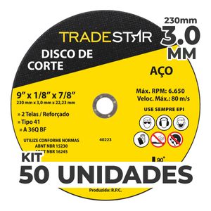 Kit c/ 50 Disco de Corte Metal 9" 230x3,0 mm Furo 22/23 mm