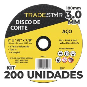 Kit c/ 200 Disco de Corte Metal 7" 180x3,0 mm Furo 22/23 mm