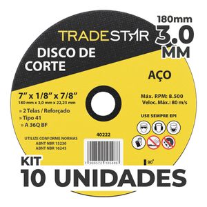 Kit c/ 10 Disco de Corte Metal 7" 180x3,0 mm Furo 22/23 mm