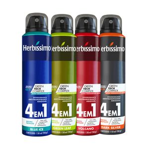 Kit Desodorante Aerosol Antitranspirante Herbíssimo Blue Ice + Green Leaf + Volcano + Dark Silver 150Ml