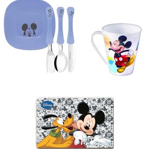 Conjunto pratinhos, talheres, jogo americano, Caneca Mickey