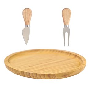 Kit bandeja bambu 25 cm, cortador e garfo para queijos