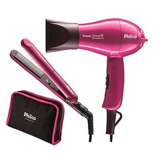 Kit Beleza Secador + Prancha Travel Shine Bivolt Rosa - Philco