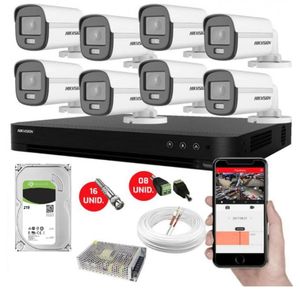 Kit CFTV 8 Câmeras de Segurança Hikvision Colorvu Imagens Noturnas Coloridas Full HD 1080p c/hd 2TB